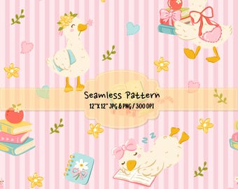Silly Goose Seamless Pattern, Bookish Goose Digital Paper, Coquette School Pattern, Teacher Pattern PNG, Cute Goose Repeat Pattern