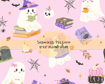 Cute Ghost Halloween Seamless Pattern, Bookish Halloween Digital Paper, Pink Coquette Pattern, Spooky Cute JPG PNG, Scrapbook Fabric Print