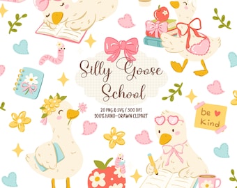 Silly Goose School Clipart PNG SVG, Back To School Clipart, Cute Goose Clipart, Teacher Clipart, School Supplies Graphics, Coquette Goose