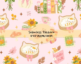 Cozy Fall Seamless Pattern, Bookish Cat Digital Paper, Autumn Floral Pattern, Cottagecore Pumpkin PNG JPG, Scrapbook Paper