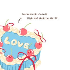 May include: A cartoon illustration of a blue heart-shaped cake with the word "LOVE" in white letters. The cake is decorated with red cherries, cream frosting, and red bows. The text "commercial License High Res Quality 300 DPI" is also present.
