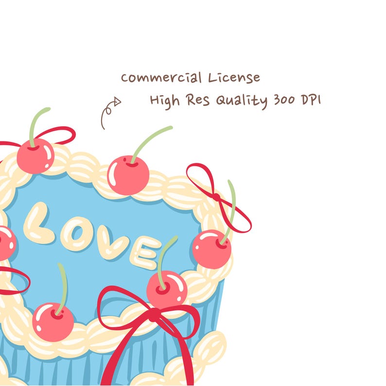 May include: A cartoon illustration of a blue heart-shaped cake with the word "LOVE" in white letters. The cake is decorated with red cherries, cream frosting, and red bows. The text "commercial License High Res Quality 300 DPI" is also present.