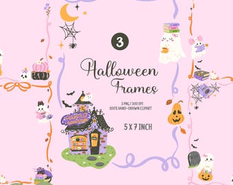 Halloween Border PNG Bundle, Cute Ghost Frame Clipart, 5x7 Spooky Invitation Card Frame, Coquette Bookish Halloween Digital Download
