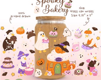 Halloween Glass Can Wrap PNG, Spooky Bakery Goose 16oz Libbey Cup Wrap, Cute Ghost Baking Sublimation Design, Digital Download