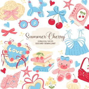 May include: A collection of hand-drawn summer-themed clipart. Includes a straw hat with a pink bow, a blue balloon dog, red cherries, a book, a cake with the word "LOVE", a teddy bear, and other decorative elements. The text "Summer Cherry" is also present.