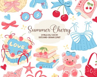 Bookish Clipart, Book Lover PNG & SVG, Summer Cherry Cute Clipart, Summer Aesthetic PNG, Cute Dessert Clipart, Cute Summer Stickers