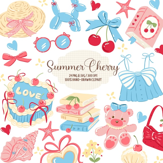 Bookish Clipart, Book Lover PNG & SVG, Summer Cherry Cute Clipart, Summer Aesthetic PNG, Cute Dessert Clipart, Cute Summer Stickers
