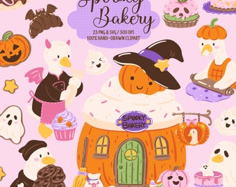 Halloween Bakery Clipart Bundle, Cute Spooky Baking PNG and SVG, Ghost Goose Pumpkin and Halloween Sweets, 23 Hand Drawn Graphics