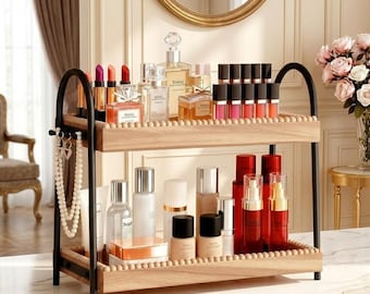 2-Tier wooden wakeup organizer with hooks – Vanity Perfume Skincare Storage Shelf