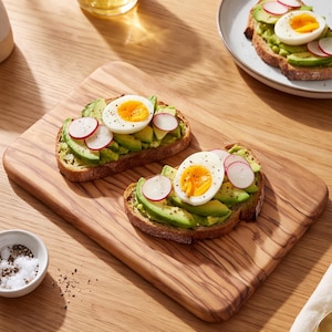 May include: Two slices of toasted sourdough bread topped with mashed avocado, sliced hard-boiled eggs, and thin radish rounds, seasoned with black pepper. The toast rests on a rectangular wooden cutting board with a visible grain pattern.