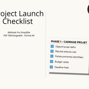 Peut inclure: Une liste de contrôle numérique pour le lancement de projet, intitulée "Project Launch Checklist". La liste comprend des sections pour la définition du projet, les résultats attendus, les parties prenantes, le budget et les délais. Un bouton "Téléchargement instantané" est en haut à droite.