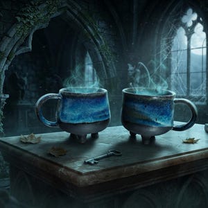 May include: Two ceramic mugs with a rounded, cauldron-like shape, featuring a glossy blue and black gradient glaze. Each mug has three small feet and a curved handle, with wisps of light blue steam rising from the top of both vessels.