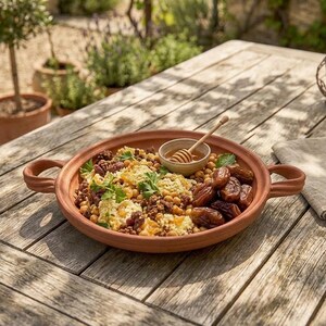 K&ouml;nnte beinhalten: Eine runde Servierschale aus Terrakotta mit zwei seitlichen Griffen, gef&uuml;llt mit einer Mischung aus Couscous, Kichererbsen, Hackfleisch und ganzen Datteln, begleitet von einer kleinen Honigschale mit Holzl&ouml;ffel auf einer Holzoberfl&auml;che.