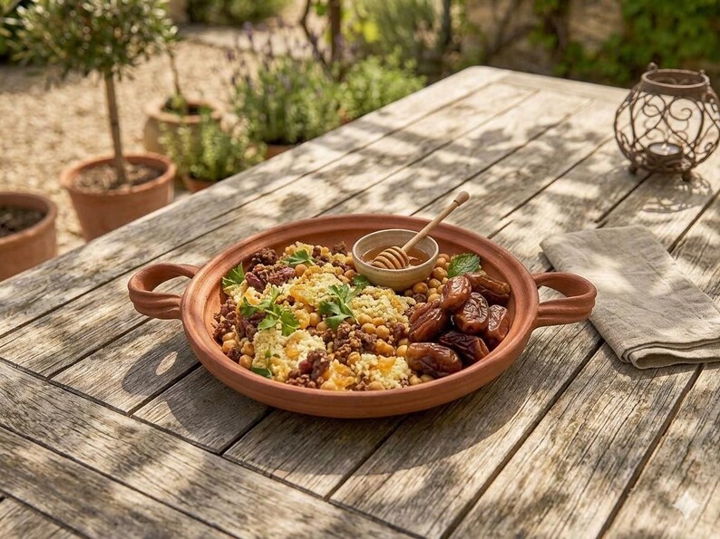K&ouml;nnte beinhalten: Eine runde Servierschale aus Terrakotta mit zwei seitlichen Griffen, gef&uuml;llt mit einer Mischung aus Couscous, Kichererbsen, Hackfleisch und ganzen Datteln, begleitet von einer kleinen Honigschale mit Holzl&ouml;ffel auf einer Holzoberfl&auml;che.
