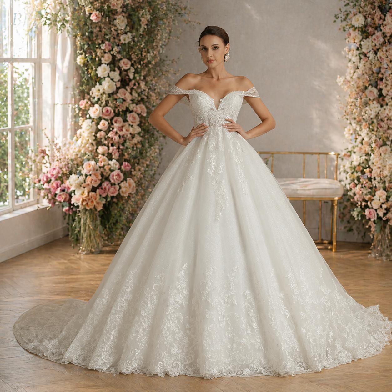 ivory princess wedding dress Off Shoulder Floral Lace Rustic Ivory Princess Wedding Dress Ivory / Lace / 2