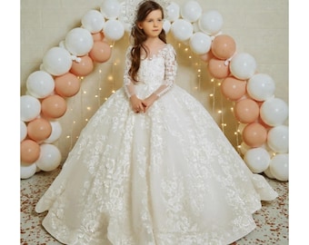 Vestido de niña de las flores personalizado / Vestido de baile con apliques de encaje blanco, vestido de novia largo hasta el suelo
