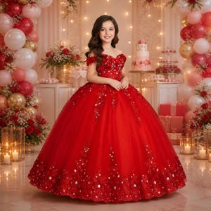 May include: A young girl wearing a striking red ball gown with off-the-shoulder detailing, embellished with floral and sequin accents. The dress has a full, layered skirt. The background features balloons, flowers, and a cake, suggesting a celebration.