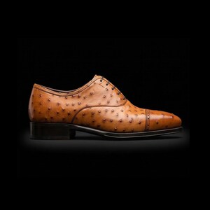 May include: A tan ostrich leather oxford shoe featuring a cap toe with decorative brogue detailing, a low stacked heel, and thin dark brown laces. The textured surface displays the characteristic quill follicle pattern of ostrich skin.