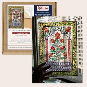 Può includere: Kit artistico per pittura su vetro fai-da-te con un design vintage revival. Il kit include un foglio acrilico A4 con un motivo floreale rosso, giallo e verde. La scatola è marrone con il marchio "Kalazen".