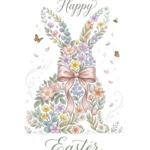 May include: Watercolor illustration of a bunny silhouette composed of colorful flowers, leaves, and a pink bow. The words "Happy Easter" are written in elegant script. Butterflies and a bee are also present.