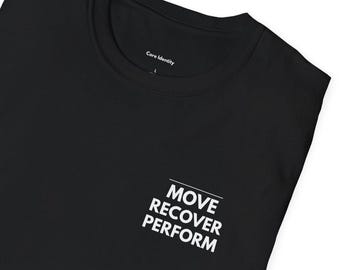 Camiseta Move Recover Perform, Camiseta de entrenamiento de fisioterapia, Camiseta de fitness con tipografía minimalista, Camiseta de rehabilitación para entrenamientos