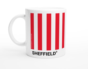 Sheffield (Utd) rote und weiße Keramiktasse - UK Städte berühmt für Serien - Office Cup - Fußballfan Geschenk - Klingen Wahrzeichen Legenden