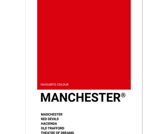 Manchester (United FC) – UK Städte Poster - Typografischer Kunstdruck, Semi Gloss Kunstdruck – Lokale Kultur Legenden Fußball Design – Red Devils Fan Geschenk