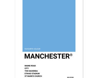 Manchester (City FC) – UK Städte Poster - Typografischer seidenmatter Kunstdruck – Lokale Kultur Legenden Fußball Design – Sky Blues Fan Geschenk