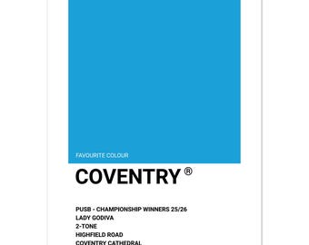 Coventry (City FC) – UK Städte Poster - Typografischer seidenmatter Kunstdruck – Lokale Kultur Legende Design – Sky Blues Fan Geschenk