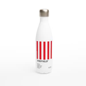 May include: White water bottle with a silver cap and a red striped design. The word "SHEFFIELD" is printed in black, along with other text. A reusable, insulated water bottle.