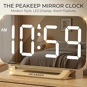 Gold LED Digital Alarm Clock – Bedroom Desk Decor, Plug In Electric, Dimmable, Battery Backup