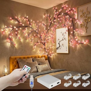 Pink Cherry Blossom Willow Vine Lights 4FT 48LED Sakura Branch with Remote Timer - Bendable Fairy Lights for Bedroom Wall & Wedding Decor