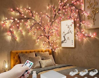 Pink Cherry Blossom Willow Vine Lights 4FT 48LED Sakura Branch with Remote Timer - Bendable Fairy Lights for Bedroom Wall & Wedding Decor