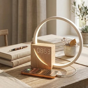 May include: A wooden alarm clock with a digital display showing 08:53, integrated with a wireless charging pad. A white circular light frames the clock. A smartphone is charging on the pad. A pen and books are on the table.