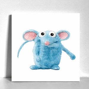 May include: A watercolor illustration of a small, round, blue mouse with large white eyes, black pupils, and pink inner ears. The mouse has a light pink nose and is depicted with a soft, textured appearance against a plain white background.
