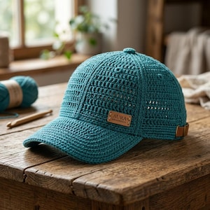 Könnte beinhalten: Türkisfarbene Baseballkappe aus Häkelarbeit mit gebogenem Schirm. Die Kappe hat ein strukturiertes, offen gewebtes Design und ein kleines braunes Lederetikett mit der Aufschrift "AURA HANDMADE". Ein brauner Lederriemen ist hinten.