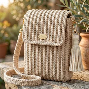 Peut inclure: Un sac bandoulière en crochet beige avec une texture côtelée verticale, un rabat et une plaque de marque en métal doré. Le sac comprend une bandoulière assortie et un pompon décoratif fixé à un fermoir pivotant en métal doré.