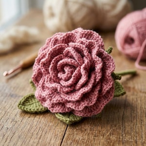 May include: A handcrafted crochet rose in shades of dusty rose, with green leaves and stem. The flower's petals are intricately detailed, showcasing the texture of the yarn. The rose is displayed on a wooden surface, with yarn and a crochet hook in the background.