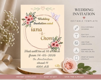 Plantilla editable para invitación de boda | Invitación de boda en Canva | Invitación de boda floral | Descarga instantánea | Tarjeta de boda imprimible