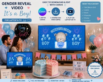 Vídeo de cuenta atrás para revelar el sexo del bebé | Revelación de niño o niña para TV y ordenador | Plantilla editable de Canva | Descarga instantánea Vídeo de bebé niño