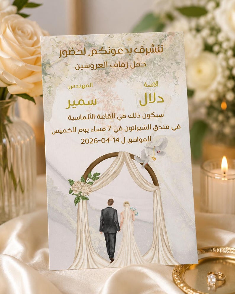 May include: A rectangular wedding invitation card featuring Arabic text, a watercolor illustration of a couple standing under a draped archway, and two white doves. The design includes soft floral accents, a marble-textured background, and gold lettering.