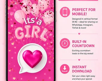 Ender Reveal Video | It's a Girl Countdown Video | Baby Girl Reveal | Instant Download | Mobile Video