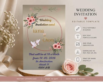 Plantilla de invitación de boda en Canva, invitación de boda editable, tarjeta de boda floral, descarga instantánea, plantilla de invitación imprimible.