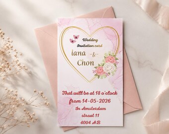 Plantilla de invitación de boda romántica, invitación editable en Canva, tarjeta de boda imprimible