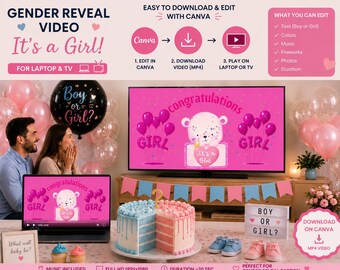 Vídeo de cuenta atrás para revelar el sexo del bebé | Revelación de niño o niña para TV y ordenador | Plantilla editable de Canva | Descarga instantánea de vídeo de niña