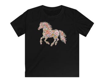 T-shirt à motif cheval fleuri, t-shirt cheval pour femmes et enfants, t-shirt bohème à motifs aquarelle, cadeau pour les passionnés d'équitation, anniversaire d'une fille sur le thème des chevaux