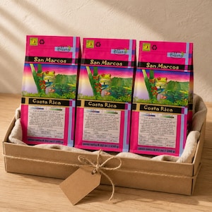 Coffret cadeau de café de Noël 3 x 250 g – Weihnachtsgeschenk – Café en grains entiers Arabica San Marcos primé du Costa Rica – Cadeau pour les amateurs de café
