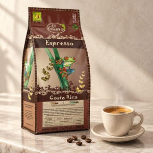 Op de afbeelding: Een bruine zak El Gusto Espresso koffie uit Costa Rica met illustraties van een roodoogmakikikker en vlinders. De verpakking toont tekst, een gewicht van 900 g en een dampende kop koffie op een schoteltje met verspreide koffiebonen.