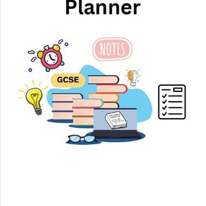May include: A GCSE Student Planner graphic with a stack of books, a laptop displaying a book titled "How To..", a clock, a lightbulb, and glasses. The word "GCSE" is in a yellow rectangle, and "Notes" is in a pink oval.