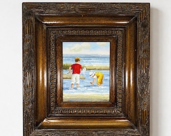 Framed Coastal Beach Scene Oil Painting Children at Shore Ornate Frame 20.5x18.5